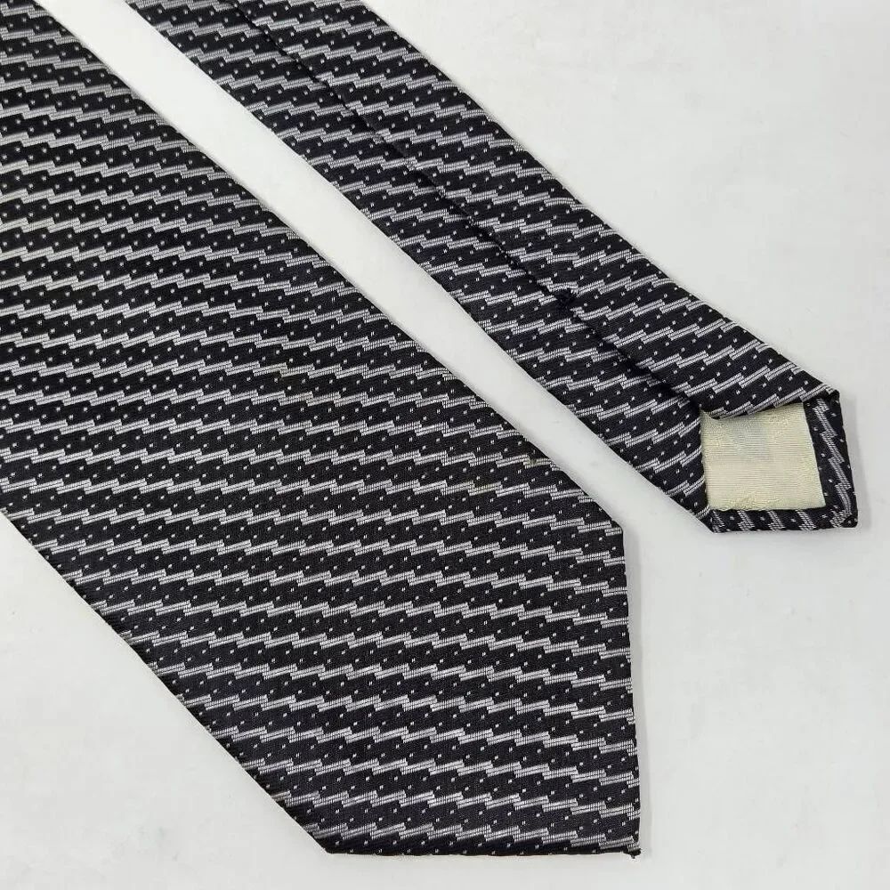 VINTAGE CLAUDE MONTANA SILK TIE BLACK WHITE DOT SATIN STRIPE 3.5" X 57"